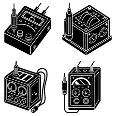 Illustration of four different types of vintage electrical test equipment in black and white style