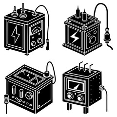 Illustration of four vintage scientific electrical devices with various gauges and connectors shown