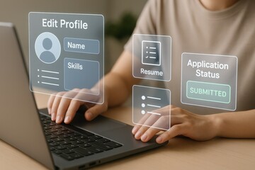 User editing professional profile with futuristic interface showing resume upload, skills update, and application submission
