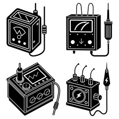 Illustration of four different electrical measuring instruments in black and white style design