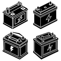 Four isometric black and white car batteries with lightning bolt symbols in a vector illustration format