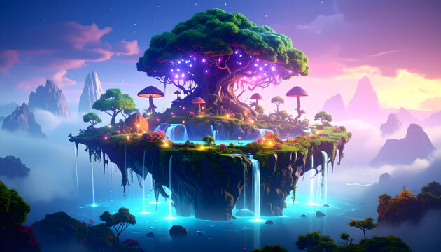 A glowing fantasy island floats in the sky, with surreal plants and waterfalls under a twilight atmosphere. Magical and dreamlike.