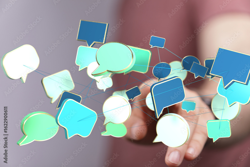 Poster abstract image of interconnected speech bubbles, representing global communication and networking.