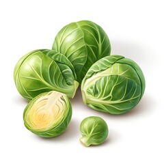 Fototapeta premium Fresh green brussels sprouts one cut in half on white vegetable food