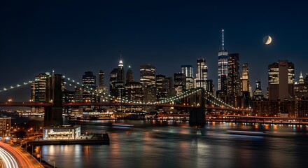 Obraz premium New York City Skyline: Night View Manhattan Bridge Urban Landscape