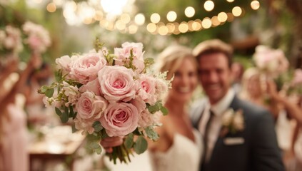 A romantic wedding scene shows a beautiful bouquet of pink roses with a happy couple in soft focus.