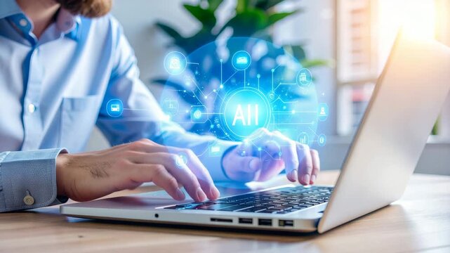 Man using laptop with glowing AI network interface, symbolizing digital transformation and innovation. - Powered by Adobe