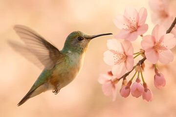 Fototapeta premium Graceful hummingbird hovering near soft pink cherry blossom flowers in spring season with pastel background showcasing delicate beauty of nature and pollination in flight