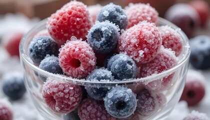 Glass bowl with frozen mixed berries – frost and freshness visible"