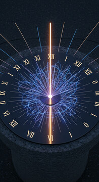 Modern sundial with glowing lines, Roman numerals, and a central light beam, showcasing time's passage and symbolic of precision, eternity, and the cyclical nature of life