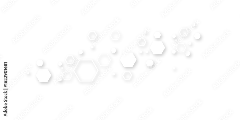 Aufkleber futuristic abstract background with floating white hexagons and soft drop shadows on a clean white s