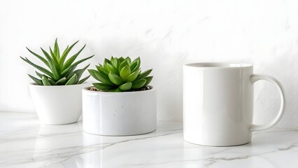 Cup of coffee and green tea cup with green leaves and plants isolated on white background