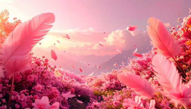 breathtaking and idyllic landscape featuring a vast meadow covered in vibrant pink blossoms under a soft, pastel sky with floating pink feathers - Powered by Adobe