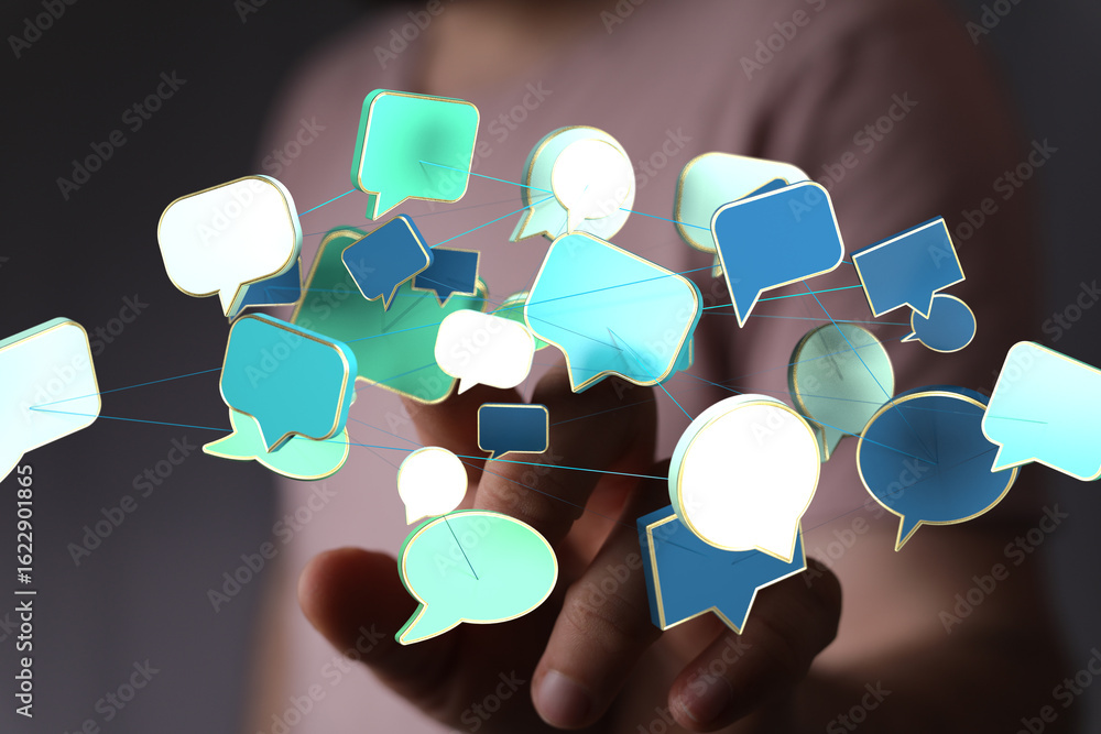 Poster abstract image of interconnected speech bubbles symbolizing global communication and networking.