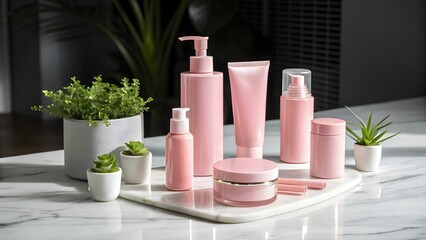 Cosmetic products and cream arranged on a white table background