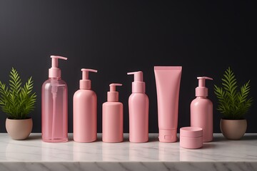 Pink and red nail polish with bottles of perfume on white background