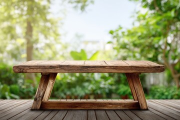Fototapeta premium Wooden table outdoors, garden view