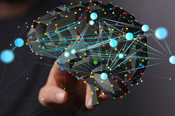 Abstract image of a hand interacting with a digital brain network, representing AI, neural...