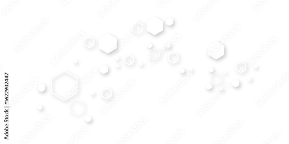 Aufkleber futuristic abstract background with floating white hexagons and soft drop shadows on a clean white s