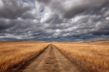 Fototapeta premium A dirt road stretches through a vast, golden field under a dramatic sky of dark, brooding clouds