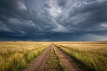 Obraz premium A dirt road stretches into a vast golden field under a dramatic storm cloud