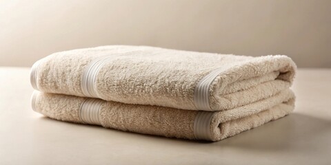 Two neatly folded, plush, off-white bath towels displayed on a neutral surface