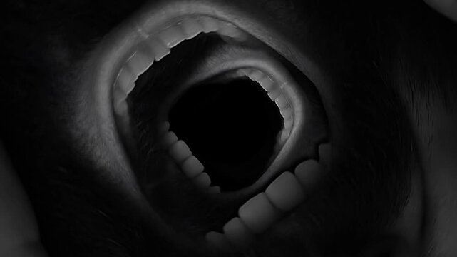 Surreal looping animation of a screaming mouth in darkness. Endless fear, emotion, and distortion. Perfect for horror, art visuals, or abstract backgrounds.