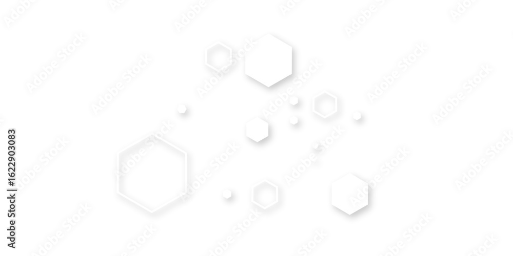 Aufkleber futuristic abstract background with floating white hexagons and soft drop shadows on a clean white s