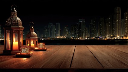 Ornate lanterns on a wooden table at night, with a cityscape in the background (1)