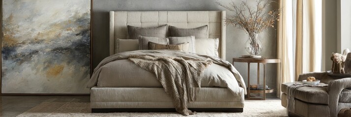 A neutral bedroom with a large abstract art piece