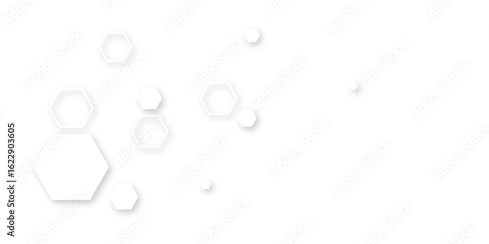 Aufkleber futuristic abstract background with floating white hexagons and soft drop shadows on a clean white s