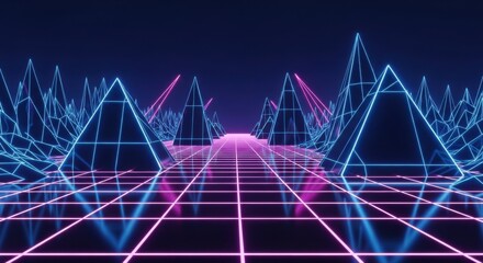 Futuristic Neon Wireframe Landscape with Glowing Geometric Mountains in Dark Atmosphere