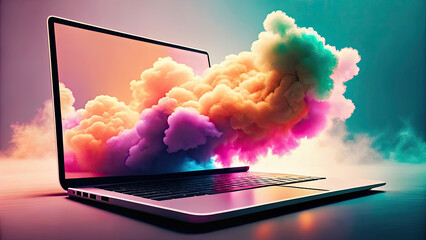 3D colorful cloud explosion out of a laptop concept. Creative digital art featuring vibrant clouds from a laptop.