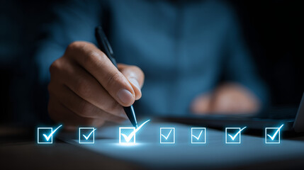 Focus and precision: A person's hand expertly completes a checklist, symbolizing meticulous attention to detail, focused work, and achieving milestones. The scene is awash in a cool, blue ambiance.