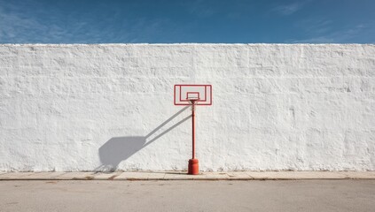 A solitary basketball hoop stands against a stark white wall under a clear blue sky, creating a minimalist and urban scene.