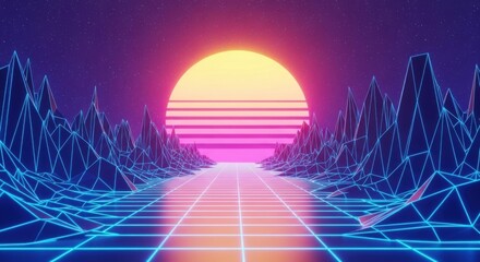 Retro Futuristic Sunset Scene with Neon Grid and Mountain Ridges in Synthwave Style