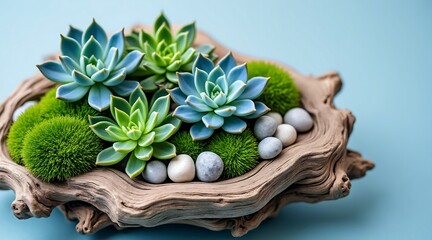 Close up of blue green succulents and moss in driftwood plant