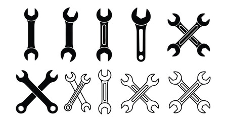 Obraz premium Illustration of various wrench types, including crossed wrenches, isolated on white background, representing repair, maintenance, and mechanical work