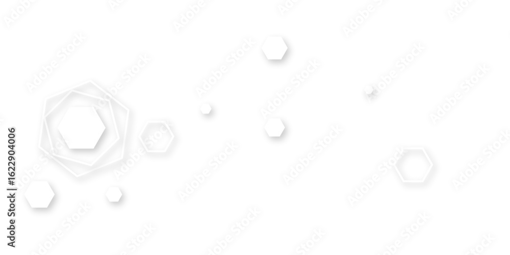 Aufkleber futuristic abstract background with floating white hexagons and soft drop shadows on a clean white s