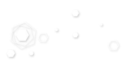 Futuristic abstract background with floating white hexagons and soft drop shadows on a clean white surface, creating a modern, minimalistic tech or science-inspired 3D visual design.