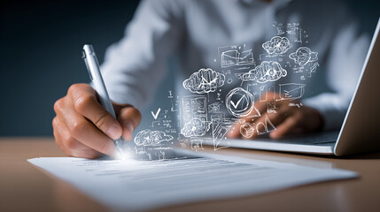 Digital Signature & Agreement: A close-up view captures a professional hand meticulously signing a digital agreement, with holographic icons illustrating the essence of secure transactions, contracts.