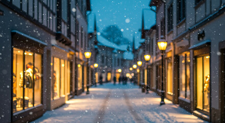 Fototapeta premium Snowy Evening on European Town Street with Blurred Shops and Lights