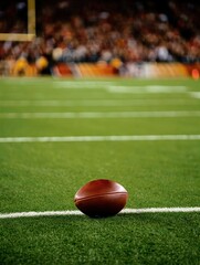 On the fifty yard line at the Championship stadium, one American Football waits for the next play under the bright stadium lights