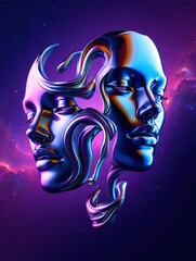 Entwined chrome faces stare into the ethereal abyss, illuminated by cosmic nebulae and whispering stardust in the midnight blue