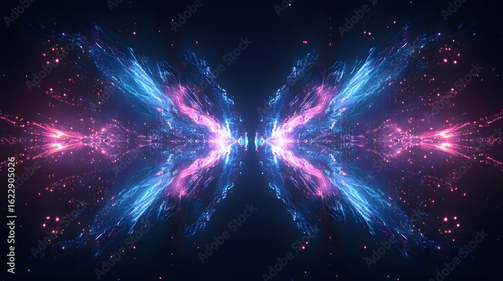 Poster abstract symmetrical design with vibrant glowing particles.