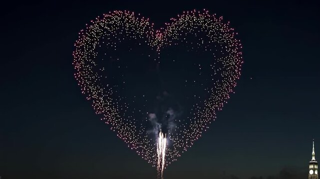 Valentine&rsquo;s Day, weddings card, heart-shaped firework exploding against a dark night sky. 