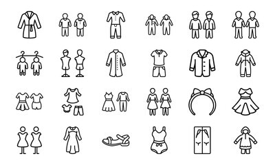 Line Style Baby and Kids Clothing Icons Set – Vector Outfit and Wardrobe Collection for Children, Boys, Girls, and Toddlers