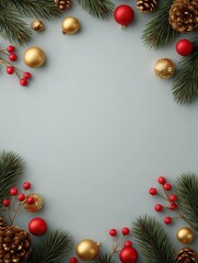 Bright red and gold ornaments, pine branches, and golden pine cones create a festive border around a light gray background, evoking a cheerful holiday spirit during the winter season.