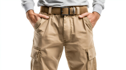 Casual Wear: A man wearing comfortable and stylish khaki pants, a rugged belt, and a sweater, showcasing everyday fashion, with his hands casually tucked into his pockets.