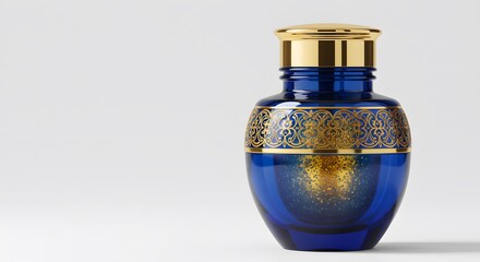 A small, ornate blue glass bottle with gold accents and a gold lid sits on a white surface.